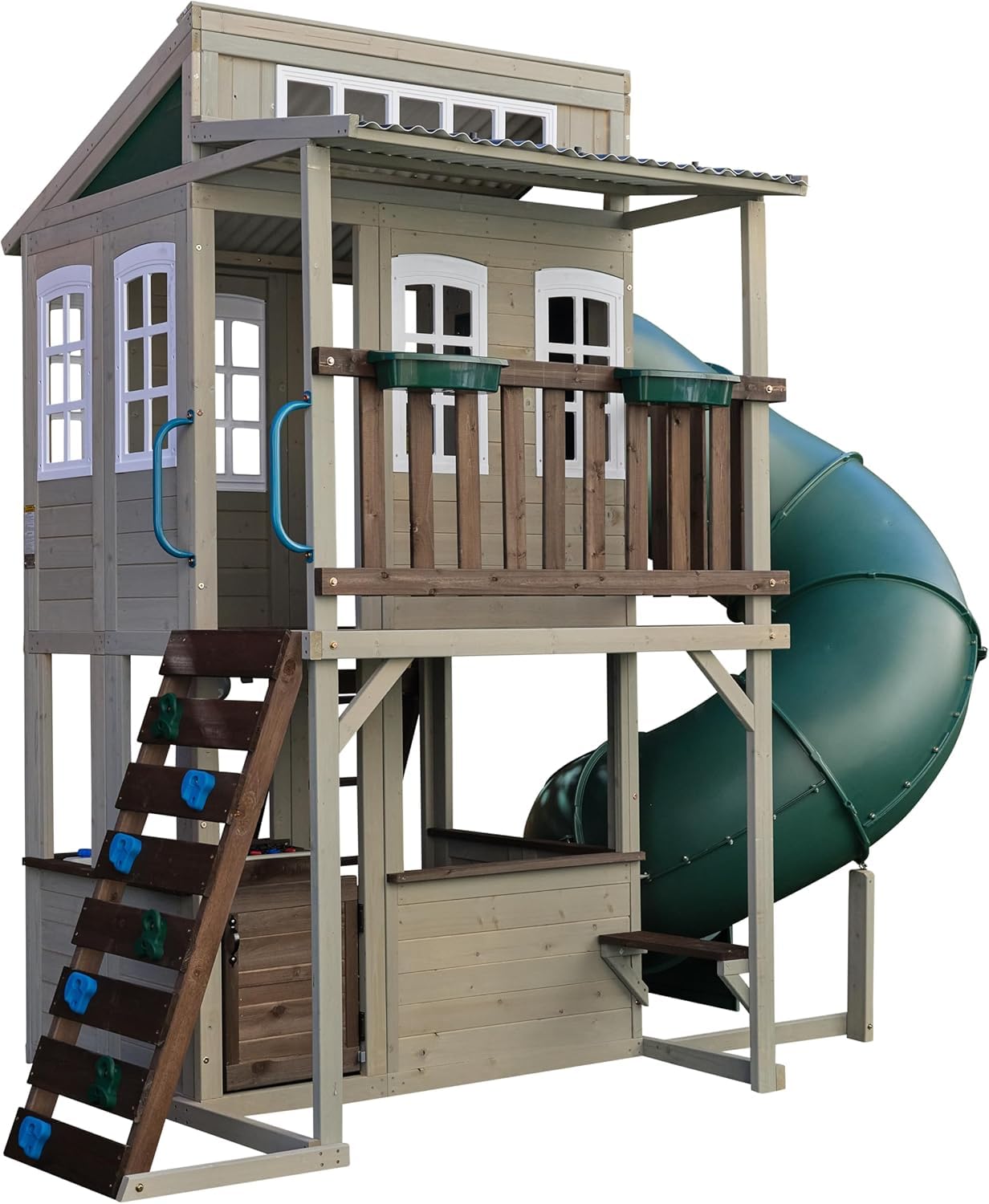 KidKraft Wooden Playhouse with Tube Slide – 2 Storey Outdoor Playground for Kids, Climbing Frame with Turbo Tube Slide & Rock Wall, Garden Play Tower