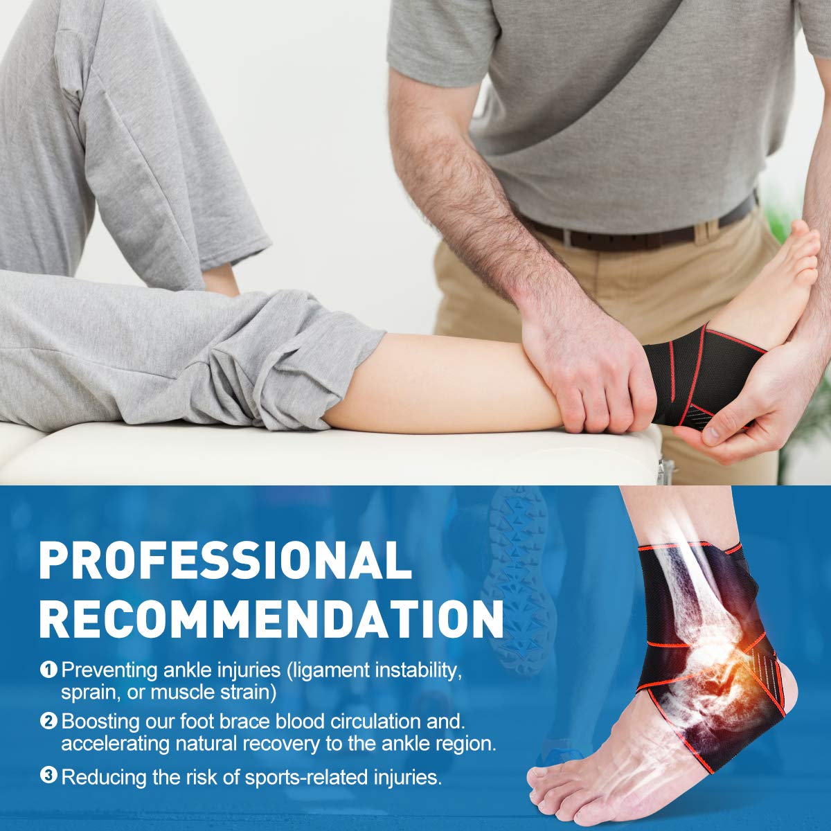 WASPO Ankle Support Brace - Adjustable Ankle Brace Wrap Strap for Sports Protect, Plantar Fasciitis, Achilles tendonitis, Ligament damage, Injury Recovery, One Size for Men Women 1 PC Blue