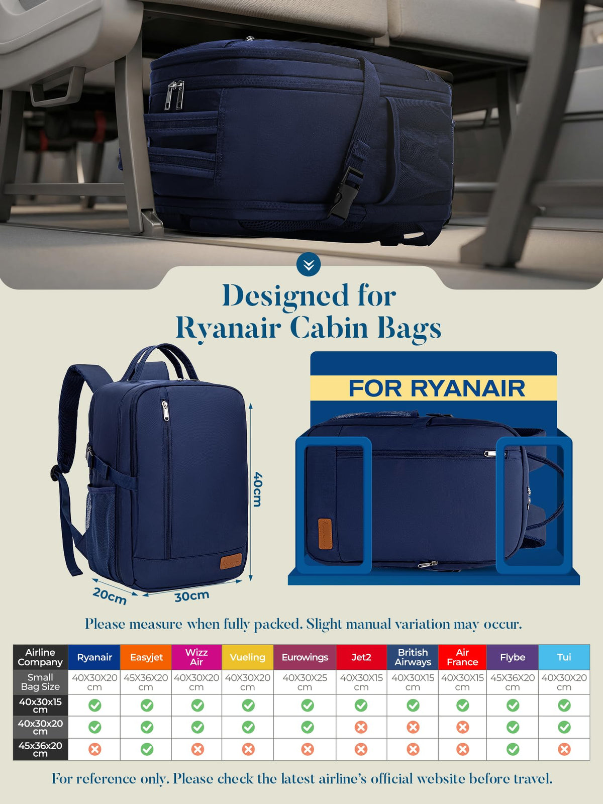 For Ryanair Cabin Bags 40x30x20 Underseat Travel Carry-on School Backpack