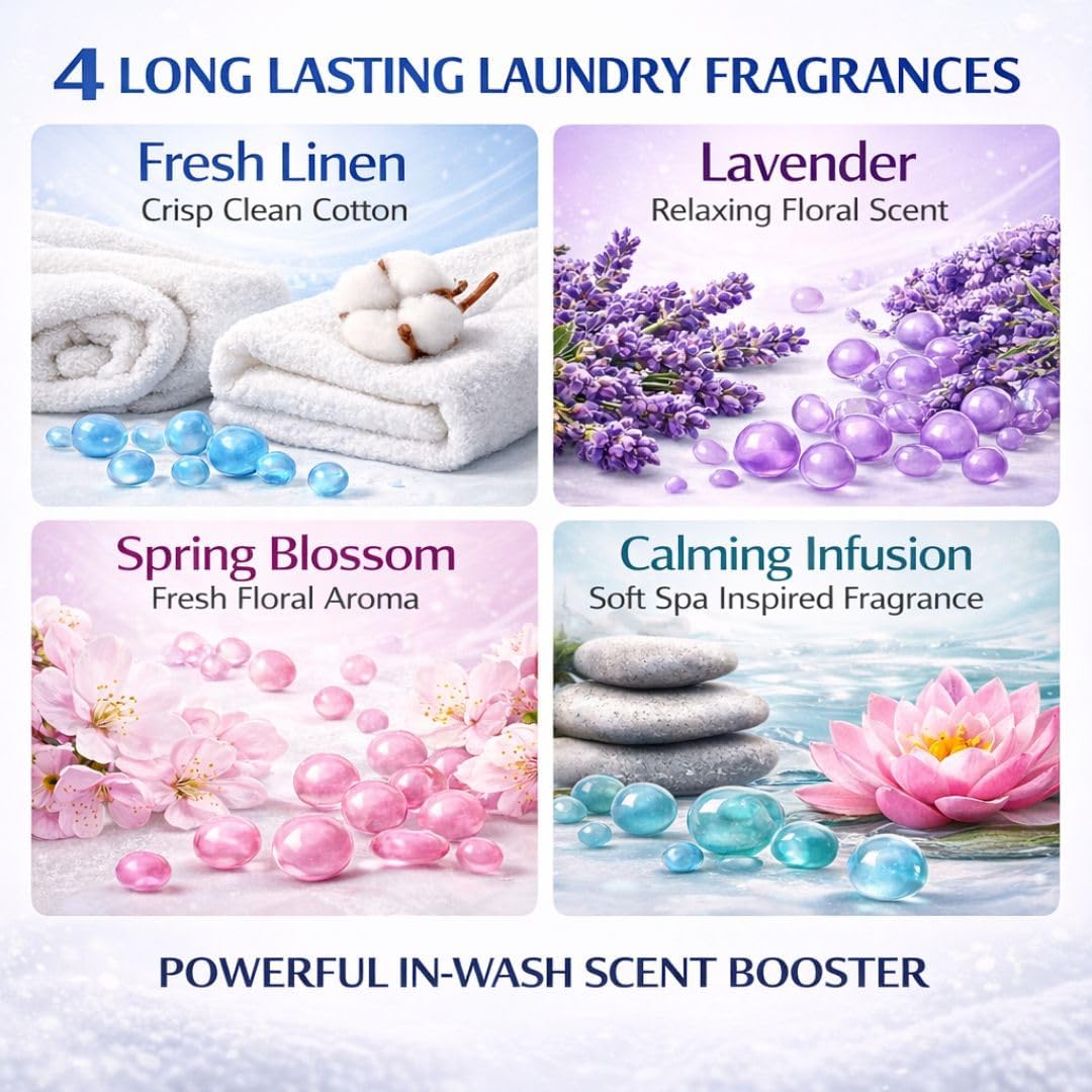 Laundry Scent Booster Beads for Laundry 4 x 350g – Wash Laundry Perfume Fragrance Booster, Long Lasting Washing Beads for Clothes & Washing Machine – Fresh Linen, Spring Blossom, Lavender & Calm