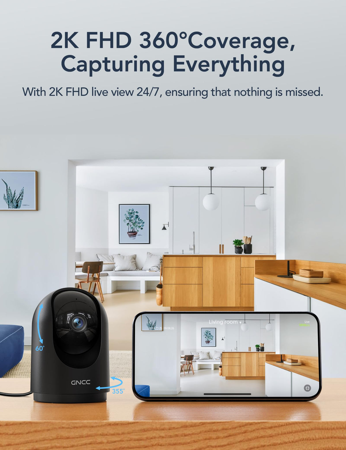 GNCC Indoor Dog Pet Camera with APP, Wifi Baby Monitor with Camera, Black