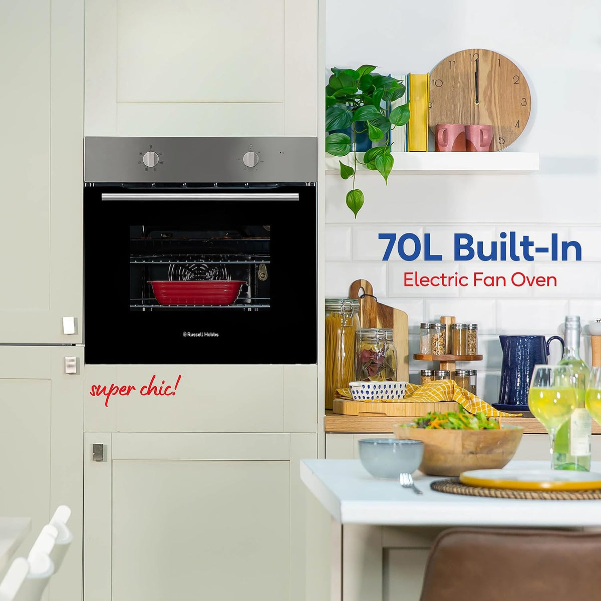 Russell Hobbs 70L, 60cm Wide, Single Electric Built-in Fan Oven and Grill in Stainless Steel, 6 Oven Functions, RHFEO7004SS