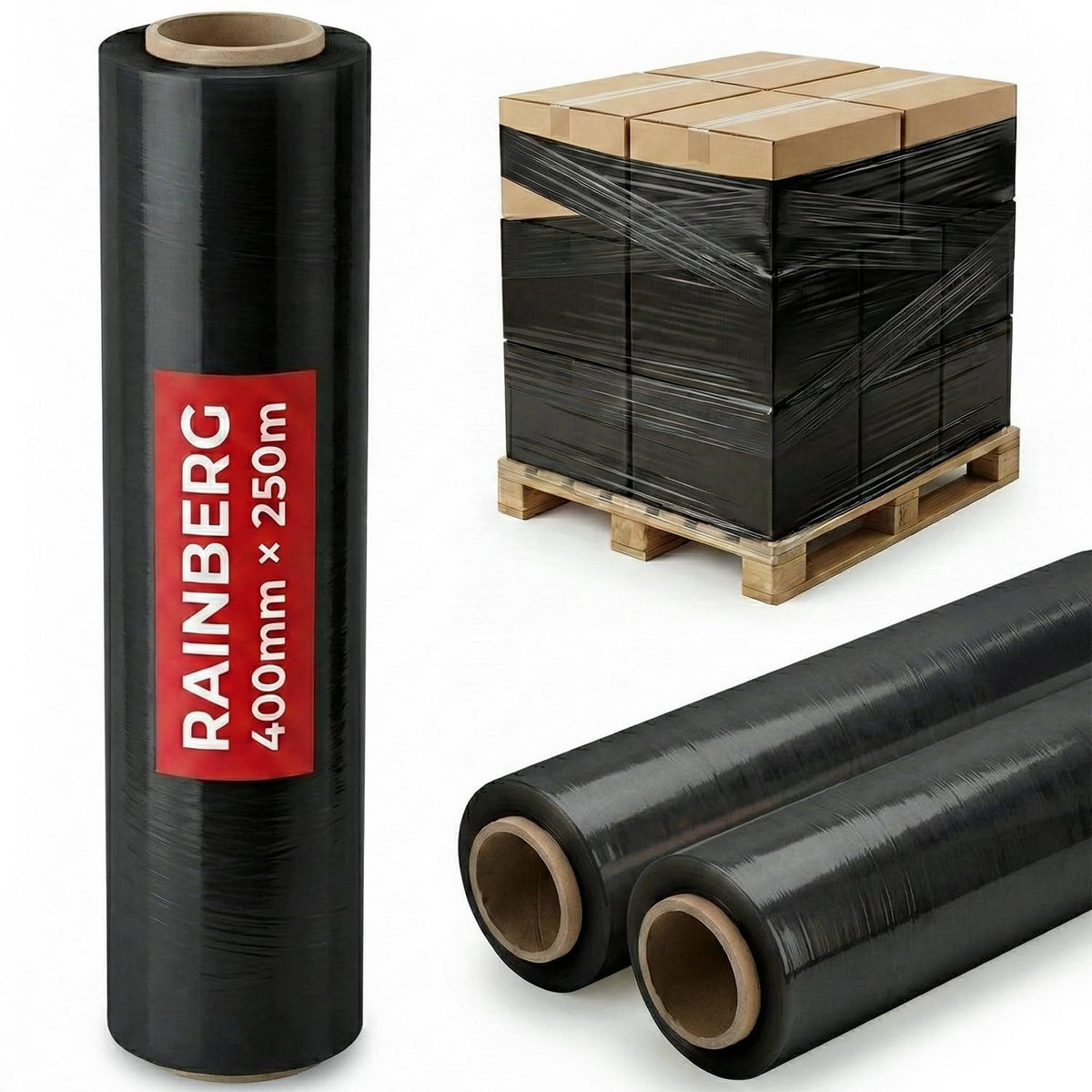 Rainberg Strong Heavy-Duty Stretch Film for Pallet Wrapping, Packaging and Moving for Furniture, Luggage, and Parcels, Water & Moisture Proof Pallet Stretch Shrink Wrap rolls 400mm x 250m (Black, 6)