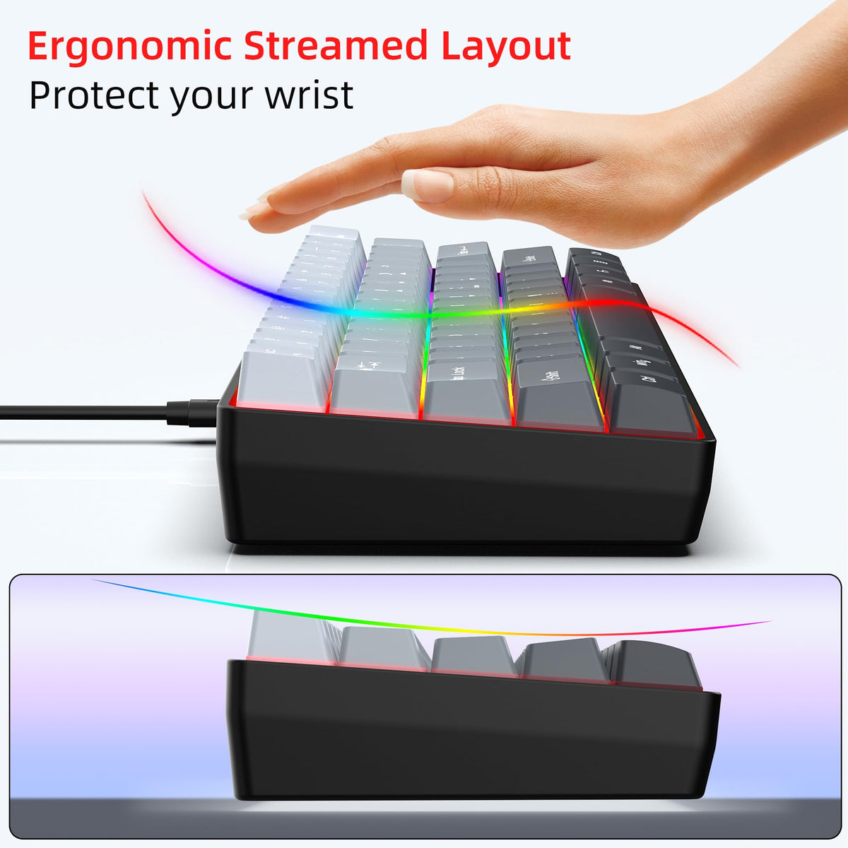 Snpurdiri Wired Mechanical Gaming Keyboard, 60% Size, LED Backlight, 61 Keys, Small Wired Office Keyboard for Windows Laptop/PC, Mac (Black-Red, Blue Switches)