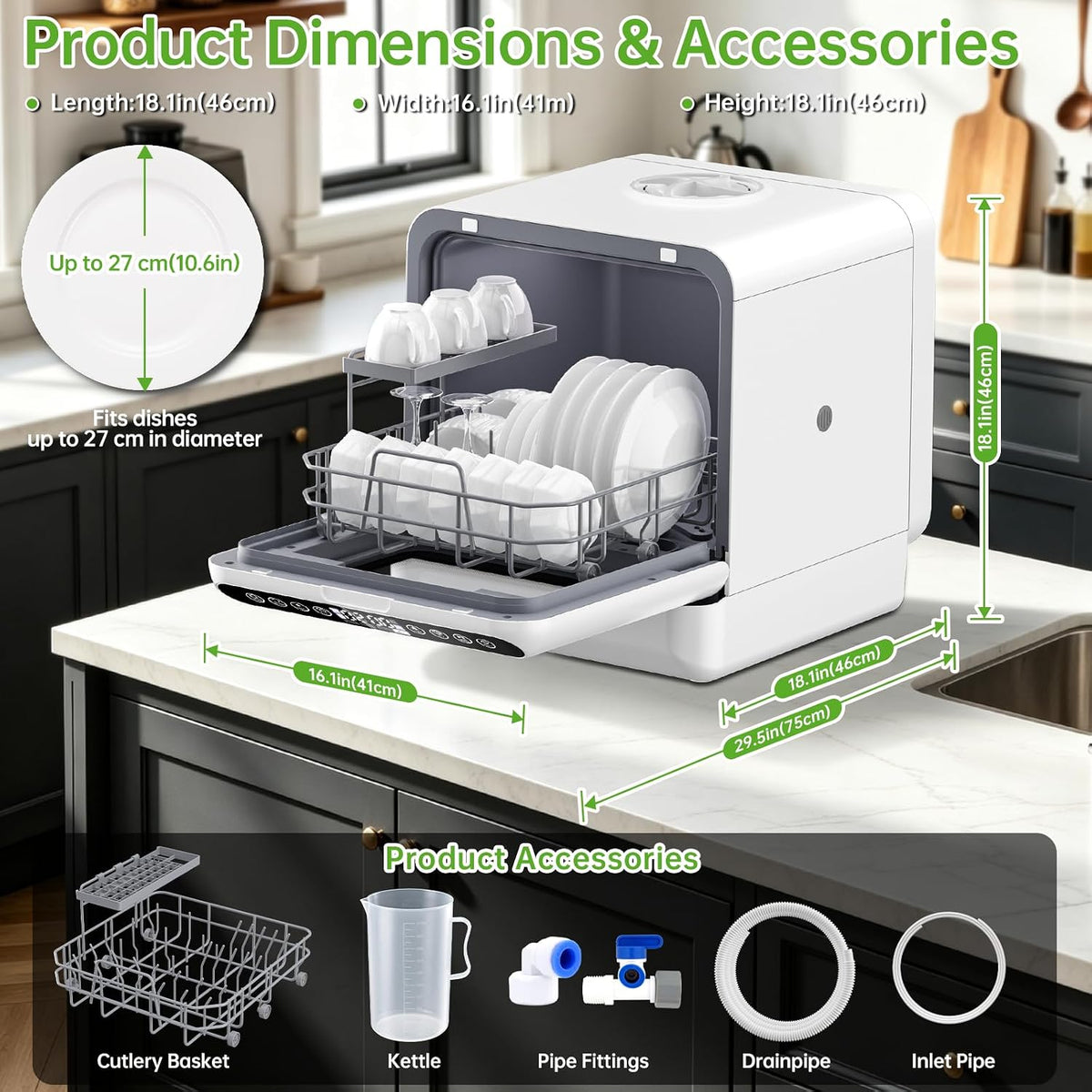Countertop Dishwasher, Portable Dishwasher with 5L Built-in Water Tank, 5 Programs with 40 dB, 360° Dual Spray, 6 Full Accessories for Homes, Apartments and RVs