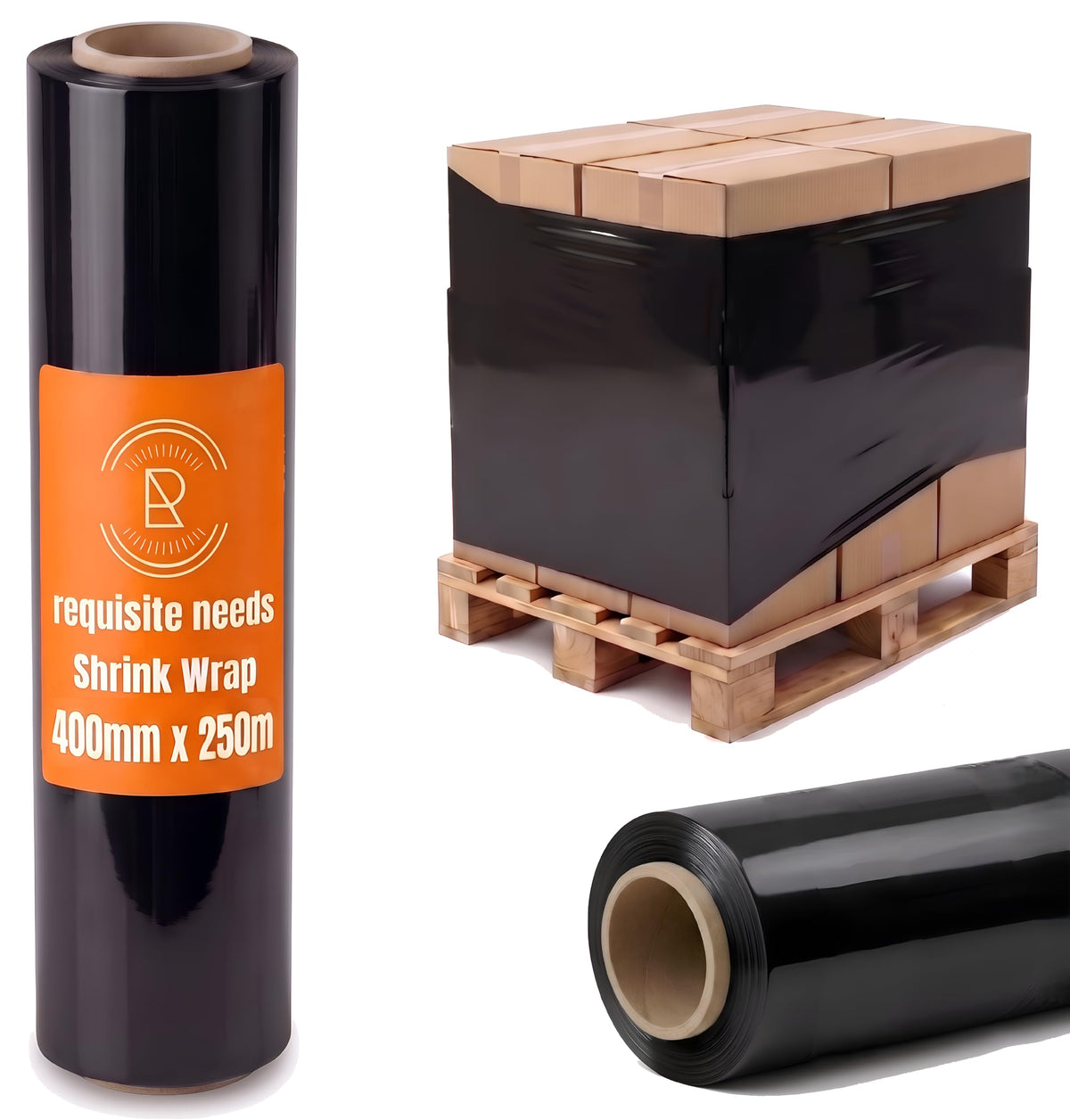 REQUISITE NEEDS Heavy Duty Stretch Film 400mm x 250m – Waterproof & Moisture Proof Pallet Wrap for Packaging, Moving & Storage (Black, 6)