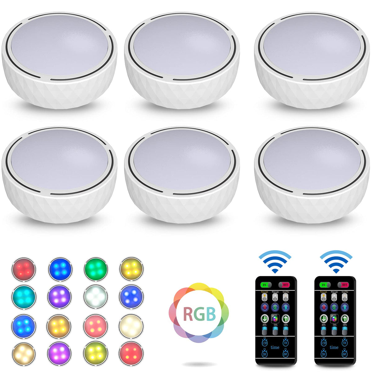 Under Cabinet Lights, Wireless LED Puck Lights Remote Control, 4000K Natural White Brightness Dimmable Battery Powered Touch Closet Cupboard Kitchen Wardrobe Lights, 6 Pack (White)