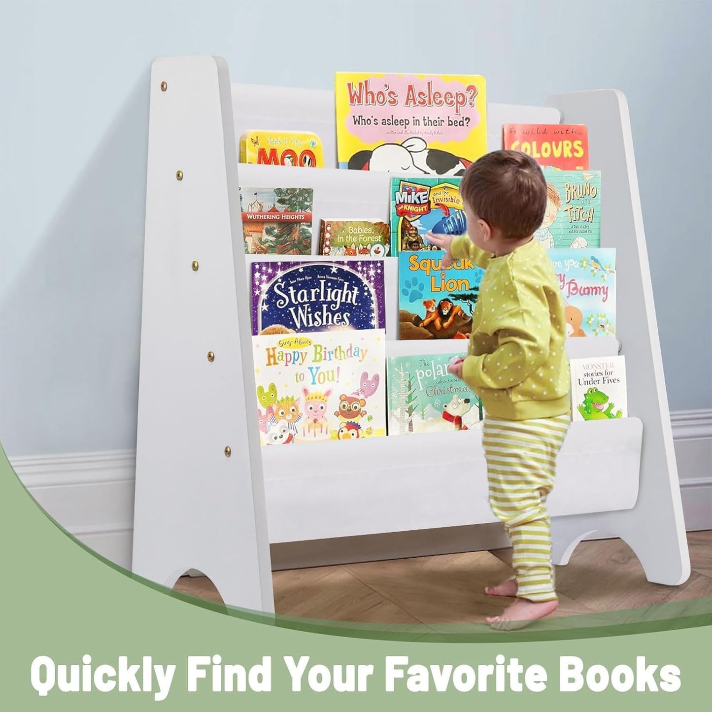 CROWNSHOP Kids Bookshelf 4 Layers Wooden Book Shelf Room Display Rack Kids Bookcas with Soft Canvas Suitable for Kids Room and Nursery White 61 * 60 * 26.5 CM