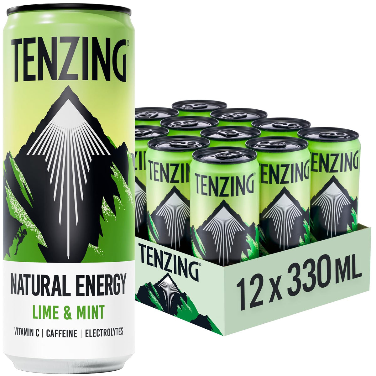 TENZING Natural Energy Drink, Plant Based, Vegan, & Gluten Free, +BCAA, Apple & Seaberry, 330ml (Pack of 12) - Packaging may vary