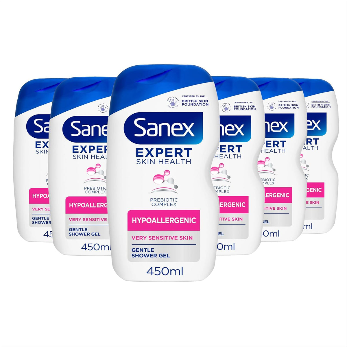 Sanex Body Wash - Expert Skin Health - Hypoallergenic Shower Gel - Dermatologist Tested Gentle for Very Sensitive Skin - Multipack - 6 Pack - 450ml Bottles