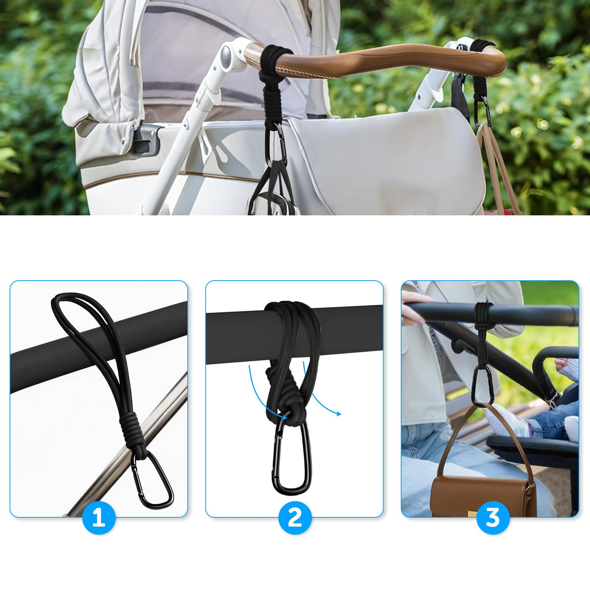 2pcs Buggy Clips for Changing Bag Handbag, Non-Slip PU Leather Pram Hook for Buggy Pram Rocker Stroller Pushchair Rollator Mobility Scooter Universal Accessories Baby Travel Essentials (Black）