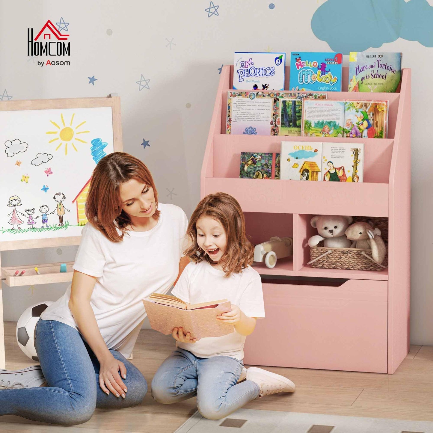 HOMCOM Kids Bookshelf with Moveable Drawer, Montessori-Inspired Children's Bookcase with Wheels, Toy Organiser for Bedroom, Playroom - White