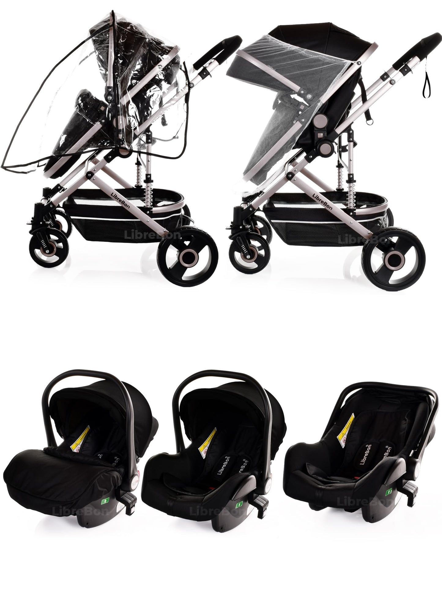 Baby Buggy Pram Pushchair 3 in 1 with Car Seat Child Lightweight Folding Stroller One Size Fits All 3 in 1 Travel System Pram for Newborns & Toddlers 0-36 Months from Birth (Black - Silver Frame)