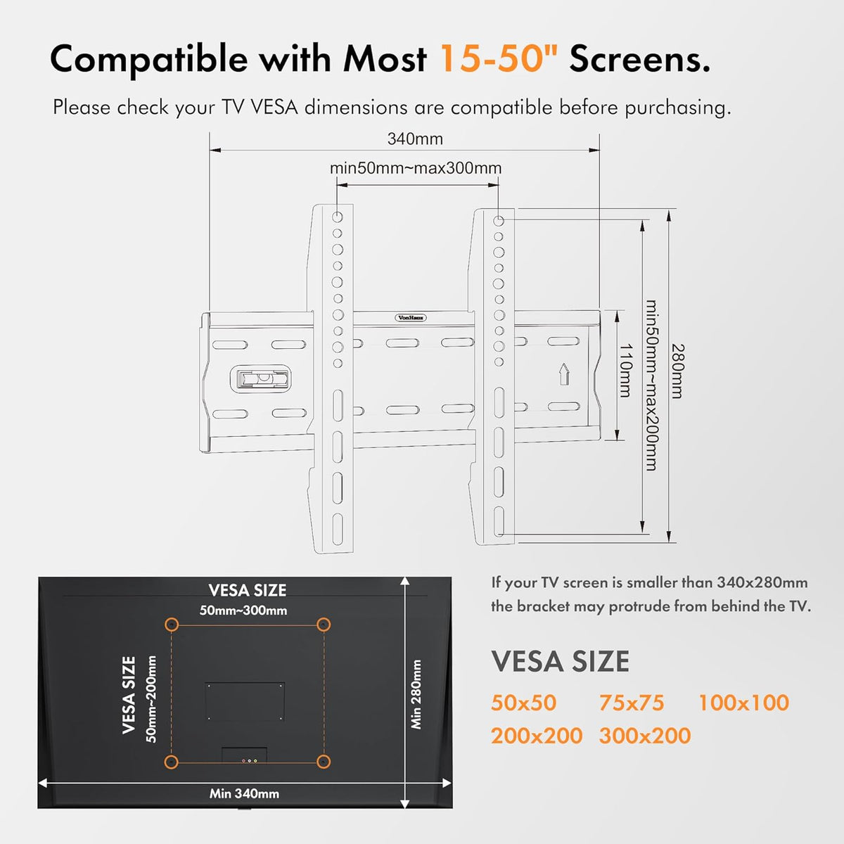 VonHaus TV Wall Bracket for 15-50" Screens, Ultra-Slim TV Bracket with Spirit Level, Flat to Wall Mount, 40kg Capacity, Max VESA: 300x200m