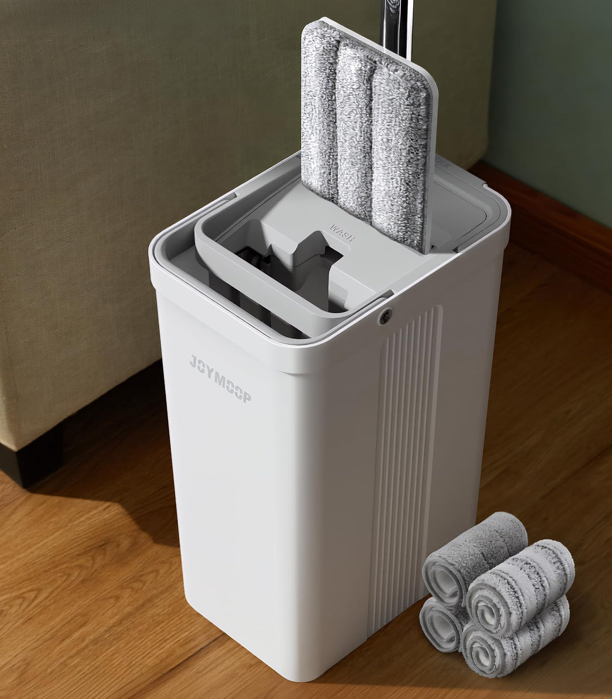 JOYMOOP Mop and Bucket with Wringer Set, Hands Free Flat Floor Mop and Bucket, with 3 Washable Microfiber Pads, Wet and Dry Use, Floor Cleaning System