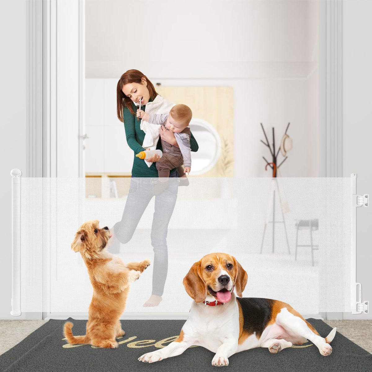 Rainberg Retractable Stair Gate for Baby & Pet with Secure 2-Step Lock 150cm Wide & 80cm Tall, One Hand Operated Baby Gate, Child Safety Gate for Doorways Stairs, Hallways, Kitchen (Grey)