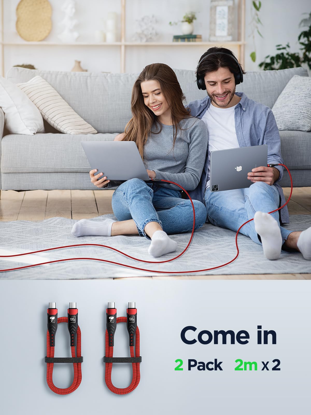 USB C to USB C, 100W 5A Fast Charging Cable [2Pack/2M] USB Type C Charger Fast Charge Lead Usbc to Usbc Cable for iPhone 15 16 17 Pro Max Plus iPad Pro MacBook Samsung Galaxy S23 S22 S24 S25 Ultra etc