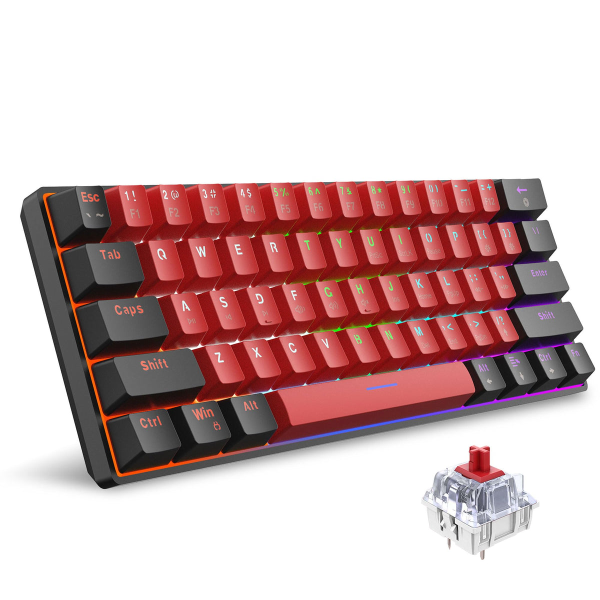 Snpurdiri Wired Mechanical Gaming Keyboard, 60% Size, LED Backlight, 61 Keys, Small Wired Office Keyboard for Windows Laptop/PC, Mac (Black-Red, Blue Switches)