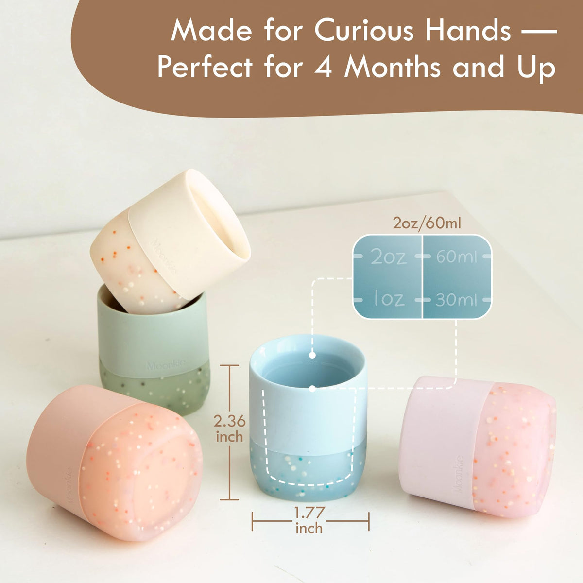 Moonkie Baby Cup | Silicone Open Cup Baby from 6 Months | Weighted Base (Anti-Tip) | BPA Free | Capacity Markings | 60ml (Ether)