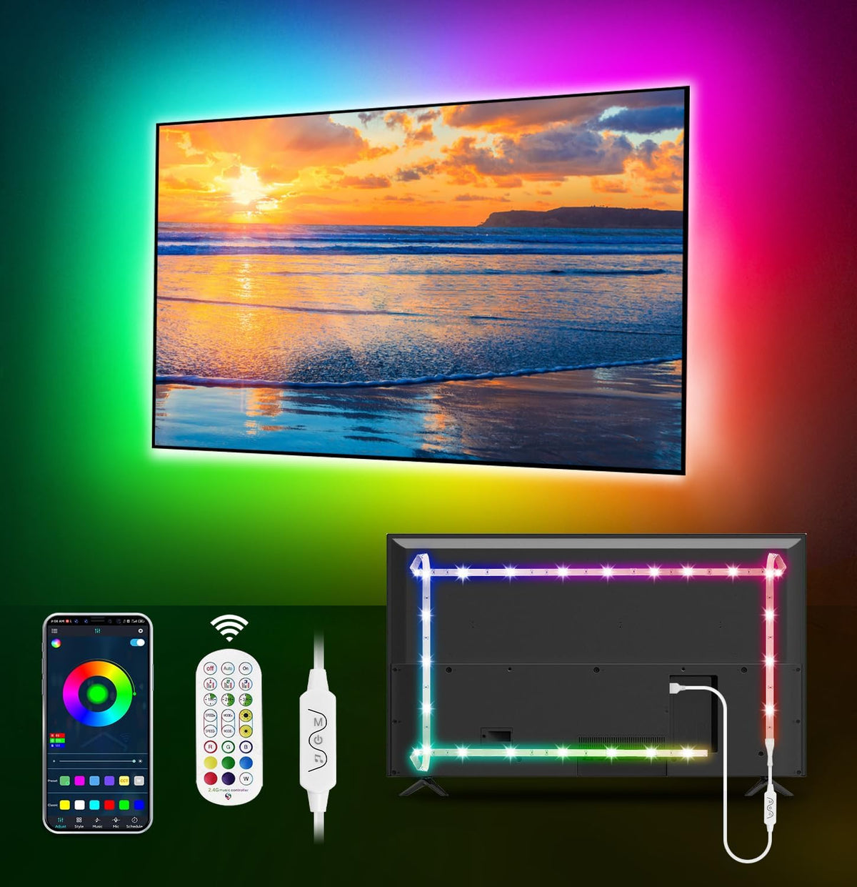 MATICOD TV LED Lights, 4M TV Lights for 45-60in TVs, Music Sync RGB TV Backlight USB LED Strip Lights with Remote and App Control for Christmas Decorations