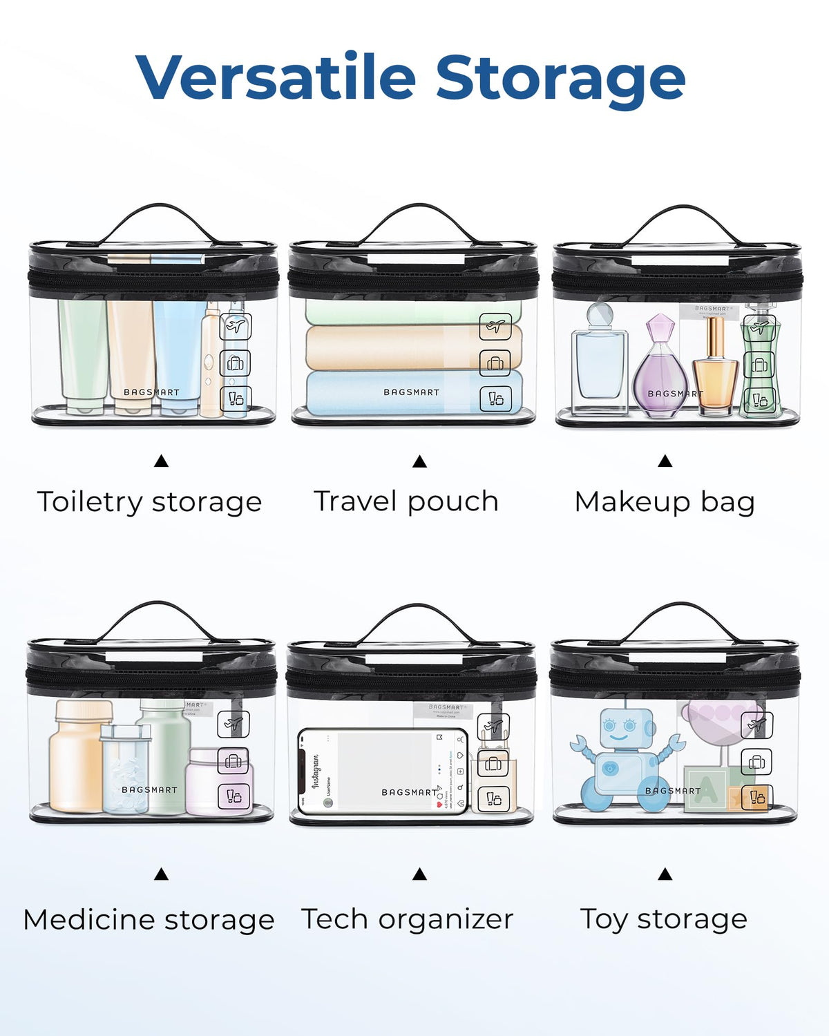 BAGSMART 2pcs Clear Toiletry Bag TSA Travel Essential for Makeup Liquids (Pack of 2)