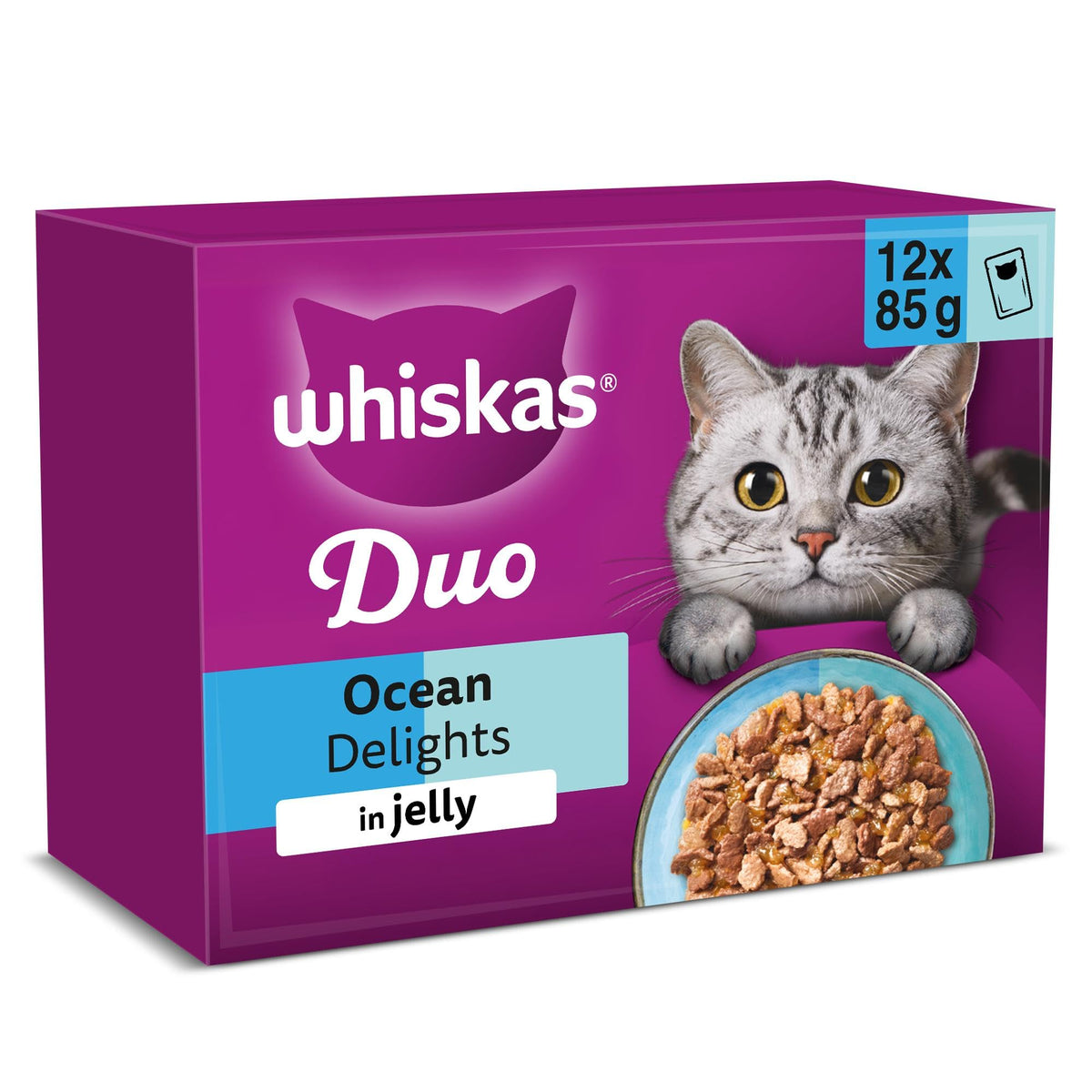 WHISKAS DUO Adult Wet Cat Food in Jelly 12x85g Surf & Turf (Pack of 4)