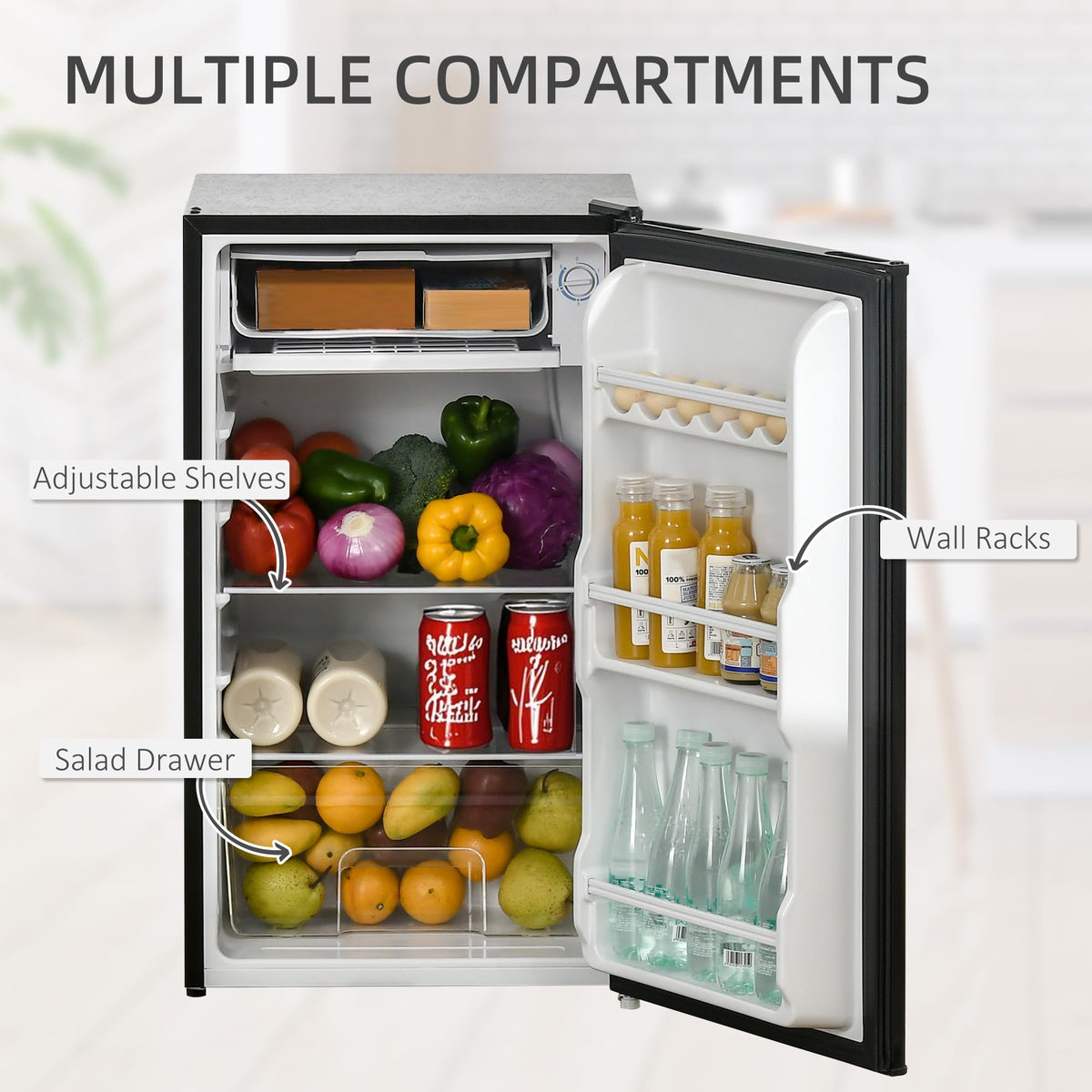 HOMCOM Under Counter Fridge 91L Small Fridge with Chiller Box Silver Tone
