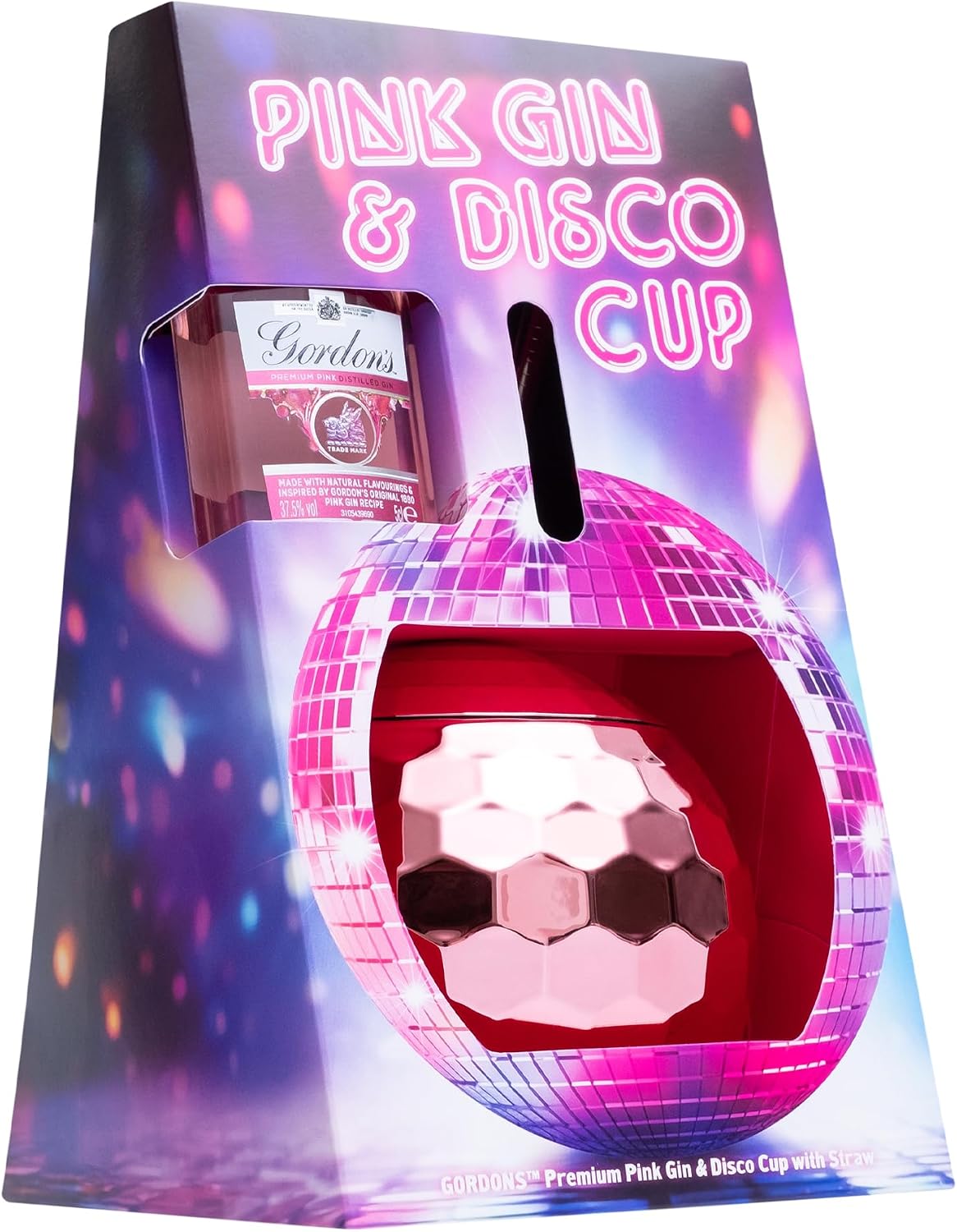 Pink Gin Gift Set, Gordon's Pink, Disco Ball Cup & Metal Straw