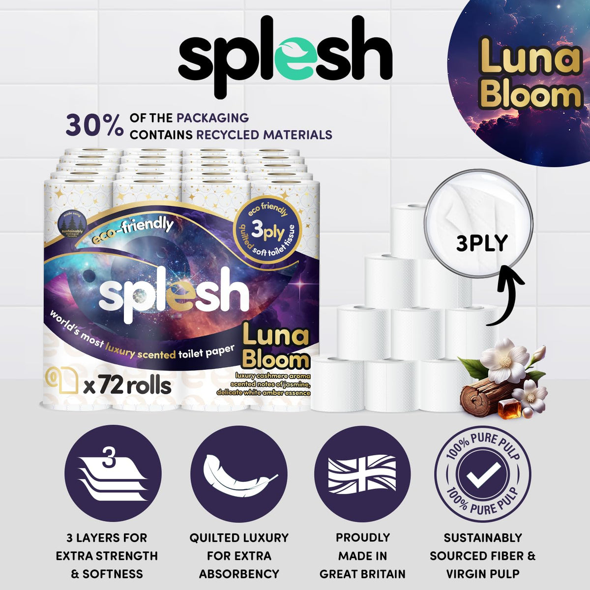 Splesh by Cusheen Toilet Roll 72 Rolls - Aloe Vera Scent Bulk Family Pack | Soft 3 Ply Quilted Bathroom Tissue Loo Rolls | Eco-Friendly, Sustainable Toilet Paper