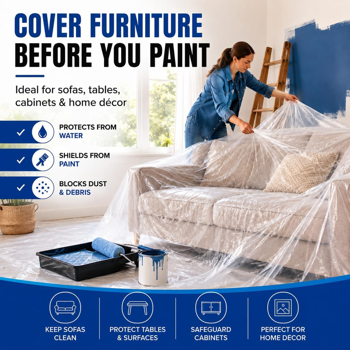 Raulde 6 Pack Extra Large Plastic Dust Sheets for Decorating 3.6 x 3m (12 x 10ft), Light Dust Sheet for Painting & Furniture - Plastic Sheet - Plastic Sheeting - Decorating Sheets - Dust Cover