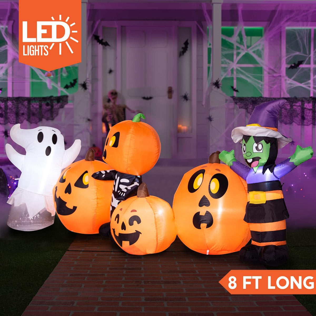Joiedomi 8 ft Long Inflatable Three Characters and Pumpkin Patch With Built-in LEDs for Halloween Party Indoor, Outdoor Yard Lawn Garden Decorations