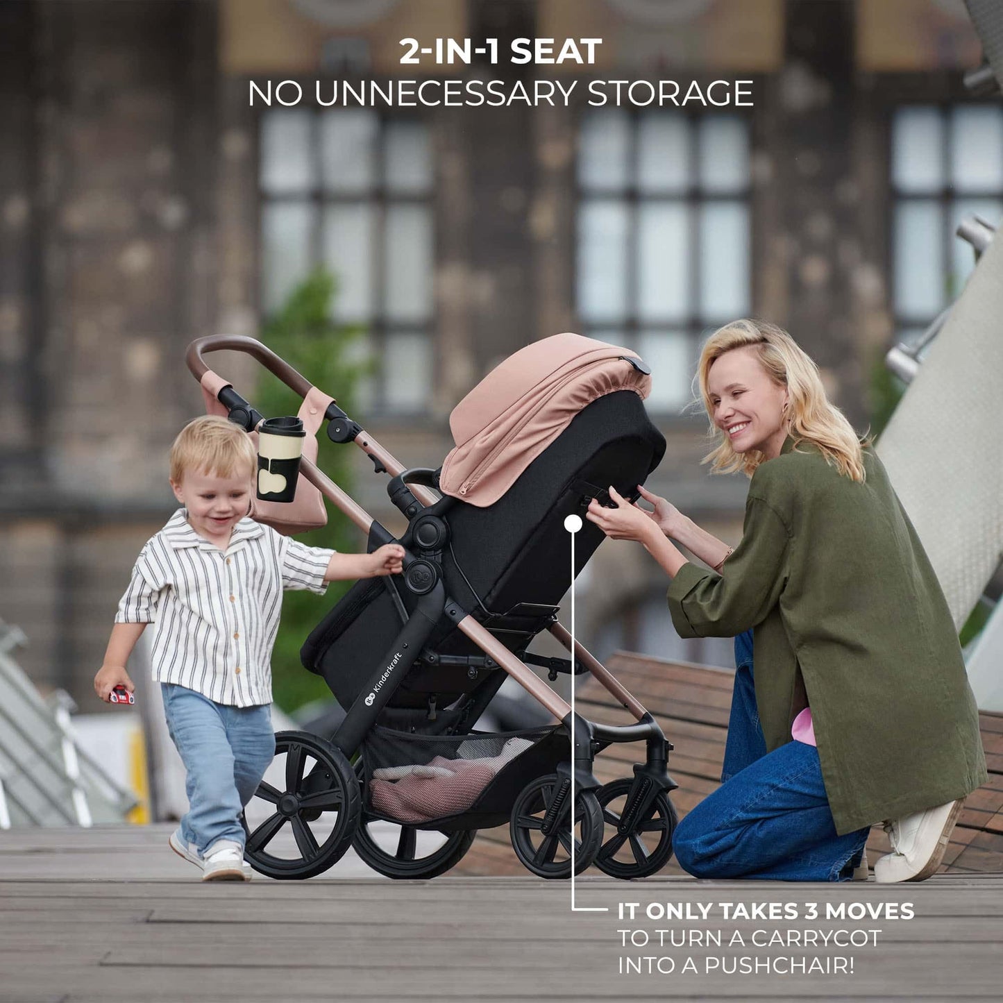 Kinderkraft MOOV 2 AIR 4 in 1 Set, Pram with Infant Car Seat with Isofix Base Mink PRO I-Size, Travel System, Baby Pushchair, Buggy, Foldable, from Birth to 22 kg, Inflatable Wheels, Gray