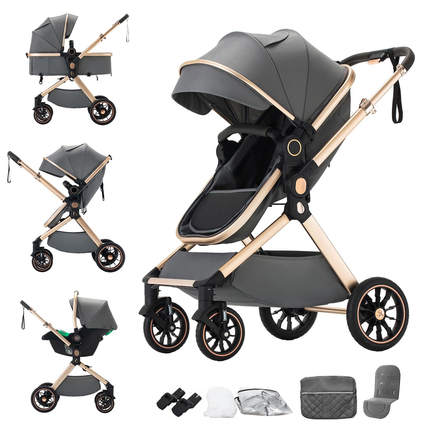 3 in 1 Pram Pushchair Aluminium Frame High Landscape Combined Buggy Lightweight Folding Stroller 3 in 1 Travel System Pram for Newborns Toddlers 0-36 Months from Birth (H9-Pink, H9)