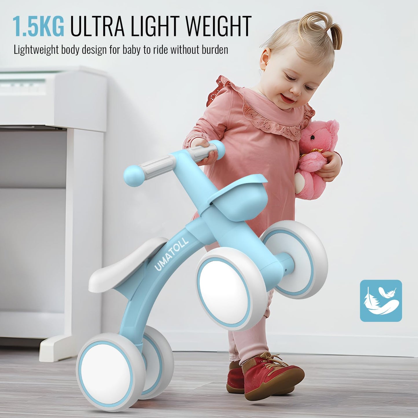 Umatoll Baby Balance Bike for 1 Year Old Boys Girls, 12-24 Months Toddler Balance Bike with Removable Basket, Adjustable Seat, 4 Wheels Infant Bike, First Birthday Gift