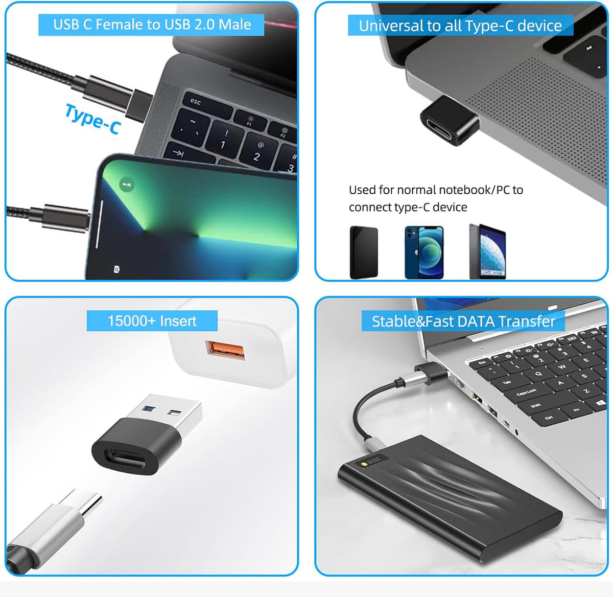 4Pack USB C to USB 3.0 Adapter(2Pack)& USB 2.0 to USB C Adapter(2Pack), 5Gbps SuperSpeed Data Transfer and Charge USB Converter Compatible with iPhone16 15 Laptop Samsung