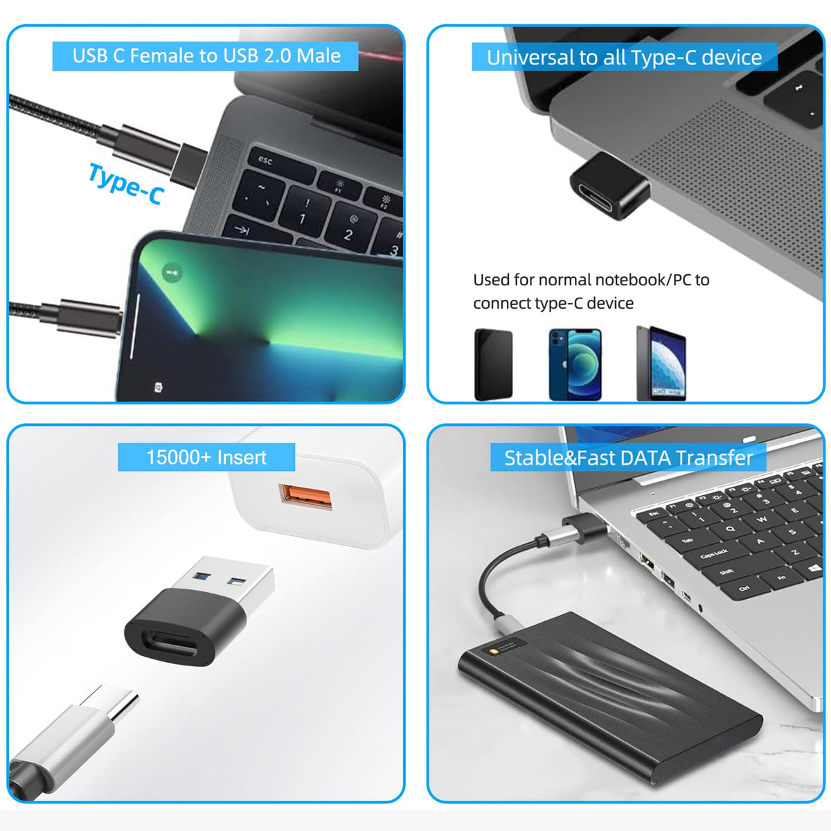 4Pack USB C to USB 3.0 Adapter(2Pack)& USB 2.0 to USB C Adapter(2Pack), 5Gbps SuperSpeed Data Transfer and Charge USB Converter Compatible with iPhone16 15 Laptop Samsung