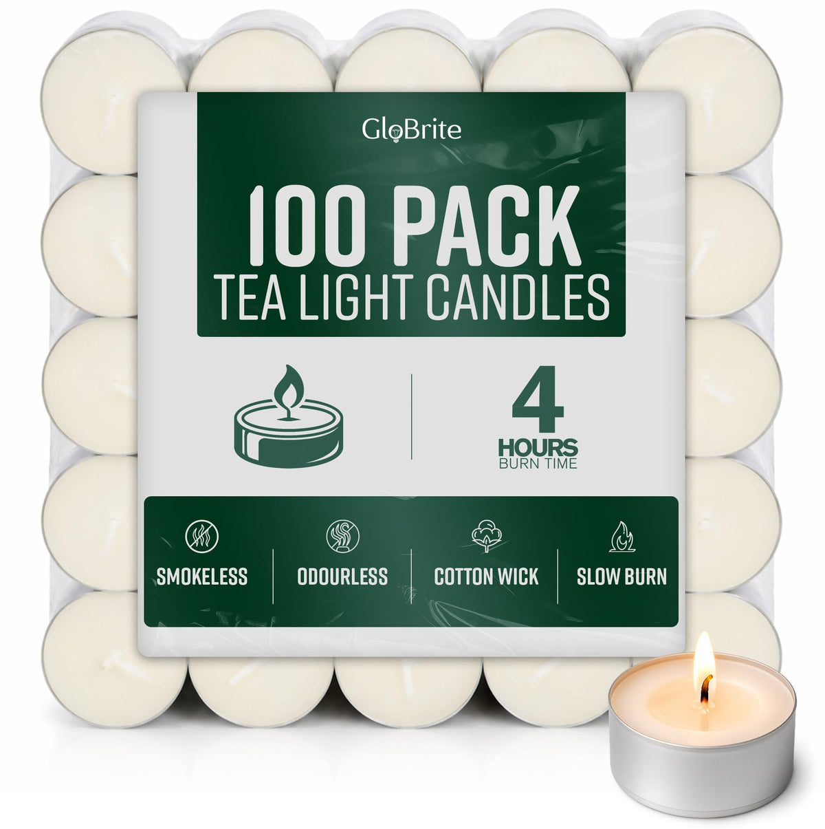 GloBrite Unscented Tea Lights – 8-Hour Long Burning Candles with Aluminum Cups for Home, Events & Decor (Pack of 50)