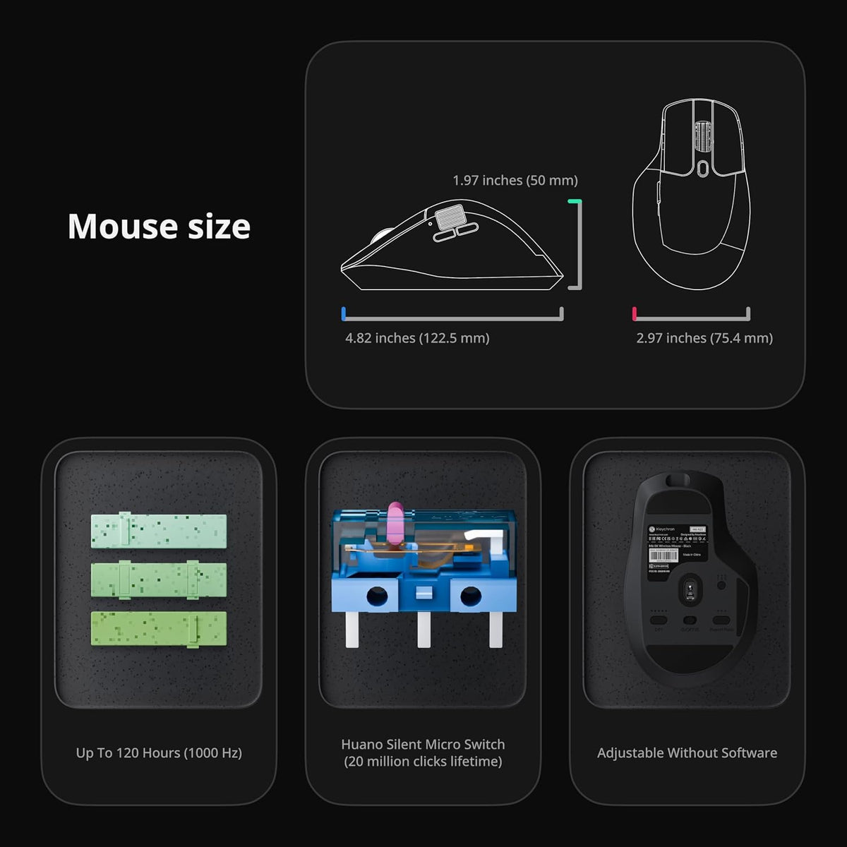 Keychron M6 8000 Hz Silent Wireless Bluetooth 5.3/2.4 GHz/Wired Connection Gaming Mouse, Lightweight Body Programmable PixArt 3950 Sensor (30K DPI / 750 IPS) for Windows Mac Linux - Black