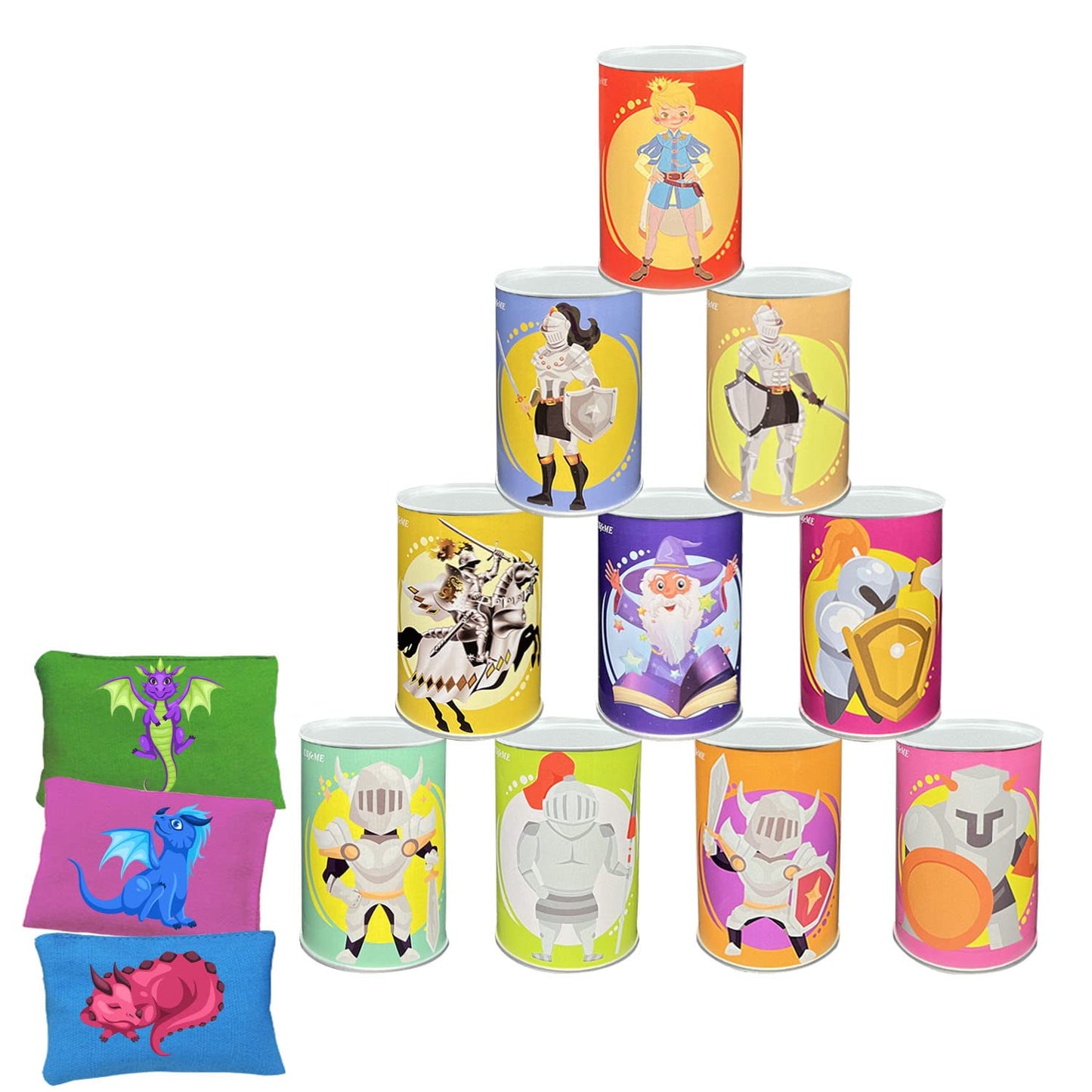 Tin Can Alley Game, Outdoor Garden Target Shooting Fairground Games for Kids & Children, Garden Party Toys Gift for Boys & Girls: 10pcs Fun Smile Knock Down Tin Cans and 3pcs Beanbags