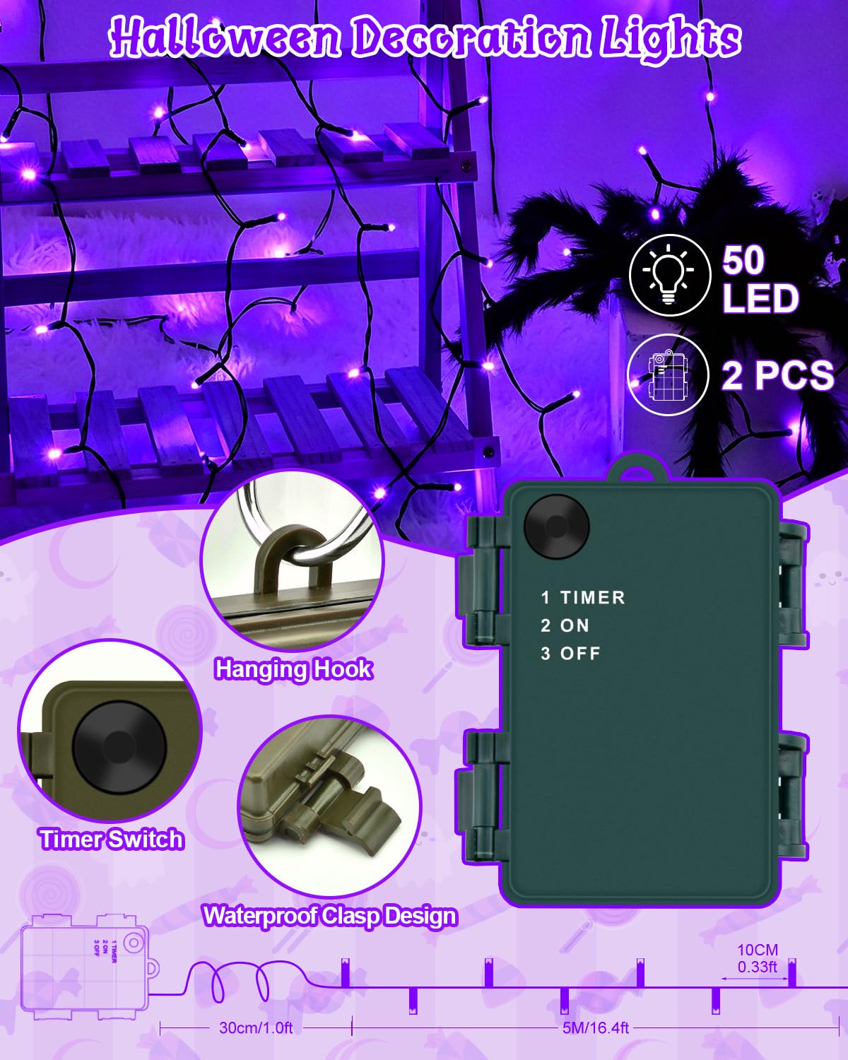 Dalugo Halloween Decoration Lights, 5M 50 LED Orange Purple White Fairy Lights with Timer, IP65 Waterproof Battery Powered Lights for Indoor Outdoor Autumn Halloween Decorations(Green Wire)