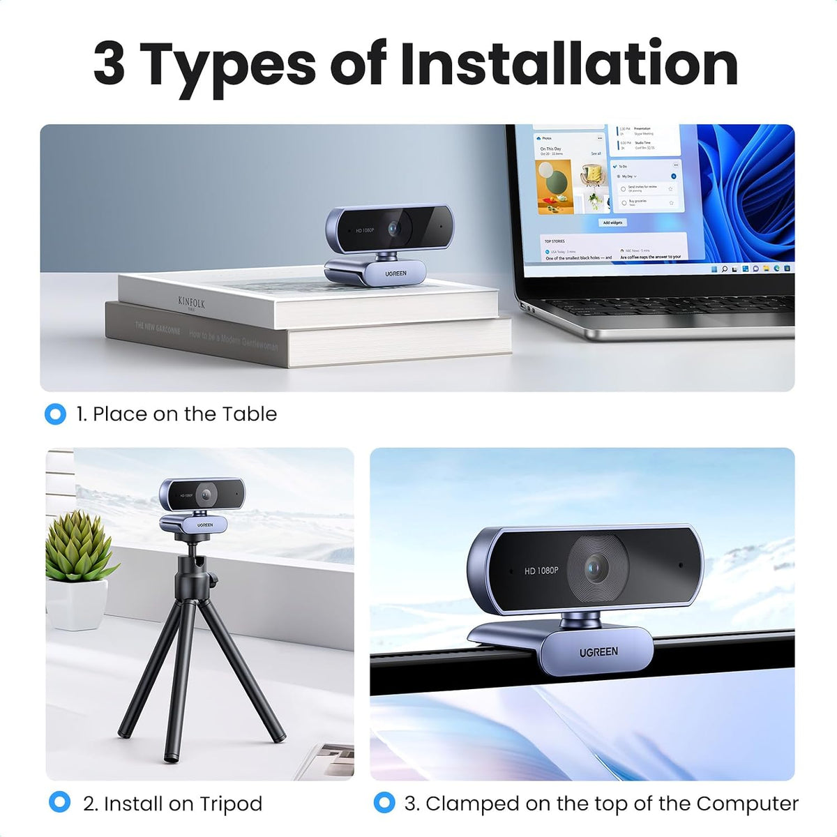 UGREEN Full HD 1080P/30fps Webcam for PC/Laptop/Mac, Auto Light Correction