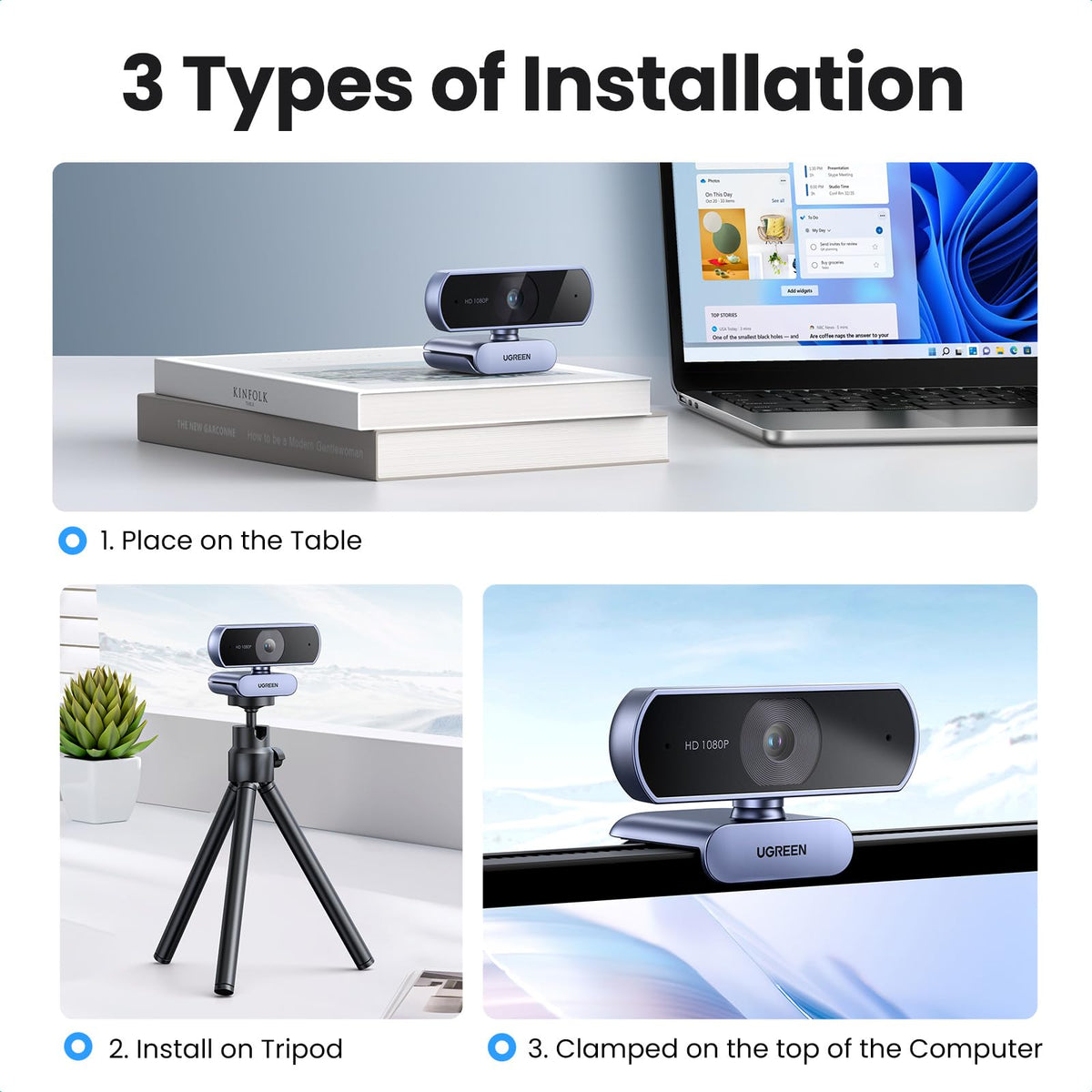 UGREEN Full HD 1080P/30fps Webcam for PC/Laptop/Mac, Auto Light Correction