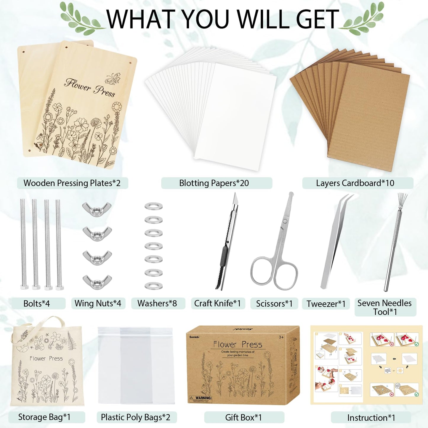 Sanlebi Large Flower Press for Adults Kids - 11.8x8.3 Inches (30x21cm) 10 Layers DIY Wooden Flower Pressing Kit with Storage Bag Arts and Crafts Kits for Adults Great Gift