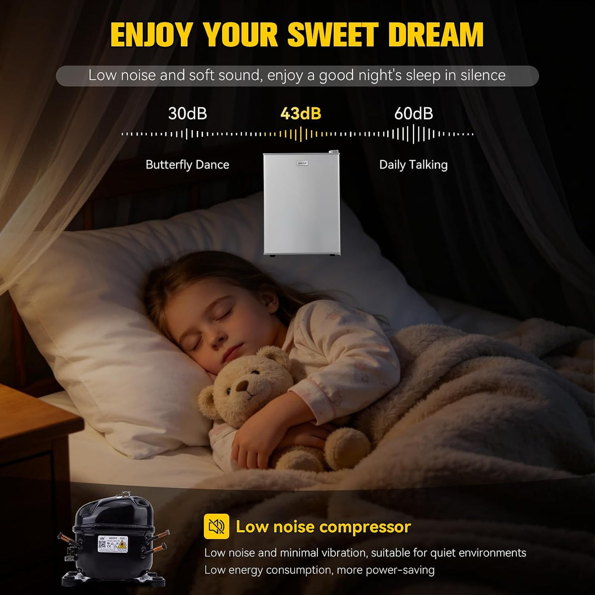 58L Table Top Mini Fridge, 7-Level Temperature Control (6 to18°C), 43dB Quiet, LED Light, for Bedroom, Office & Kitchen [Energy Class E]