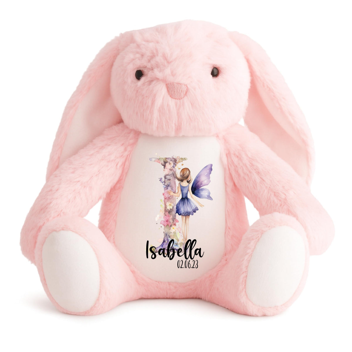 Crafted Memories - Personalised Teddy | Velveteen Bunny Soft Toy | Customisable Name for Newborns | Keepsake for Boys & Girls | Baby Shower Item | Pink Initial | Grey or White, 20-23cm