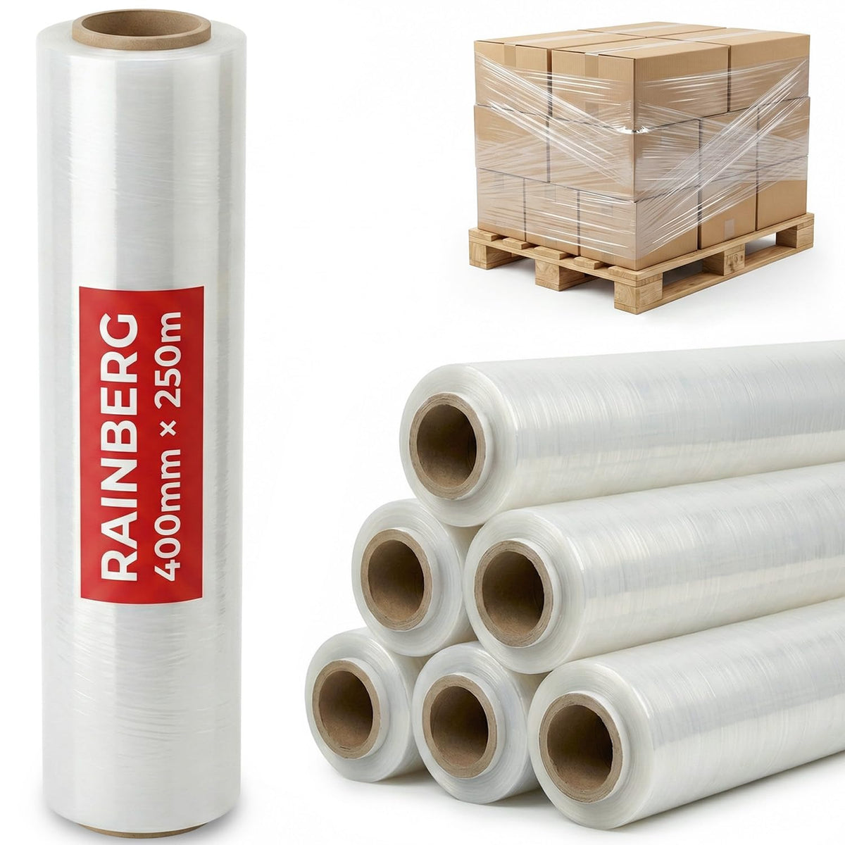 Rainberg Strong Heavy-Duty Stretch Film for Pallet Wrapping, Packaging and Moving for Furniture, Luggage, and Parcels, Water & Moisture Proof Pallet Stretch Shrink Wrap rolls 400mm x 250m (Black, 6)