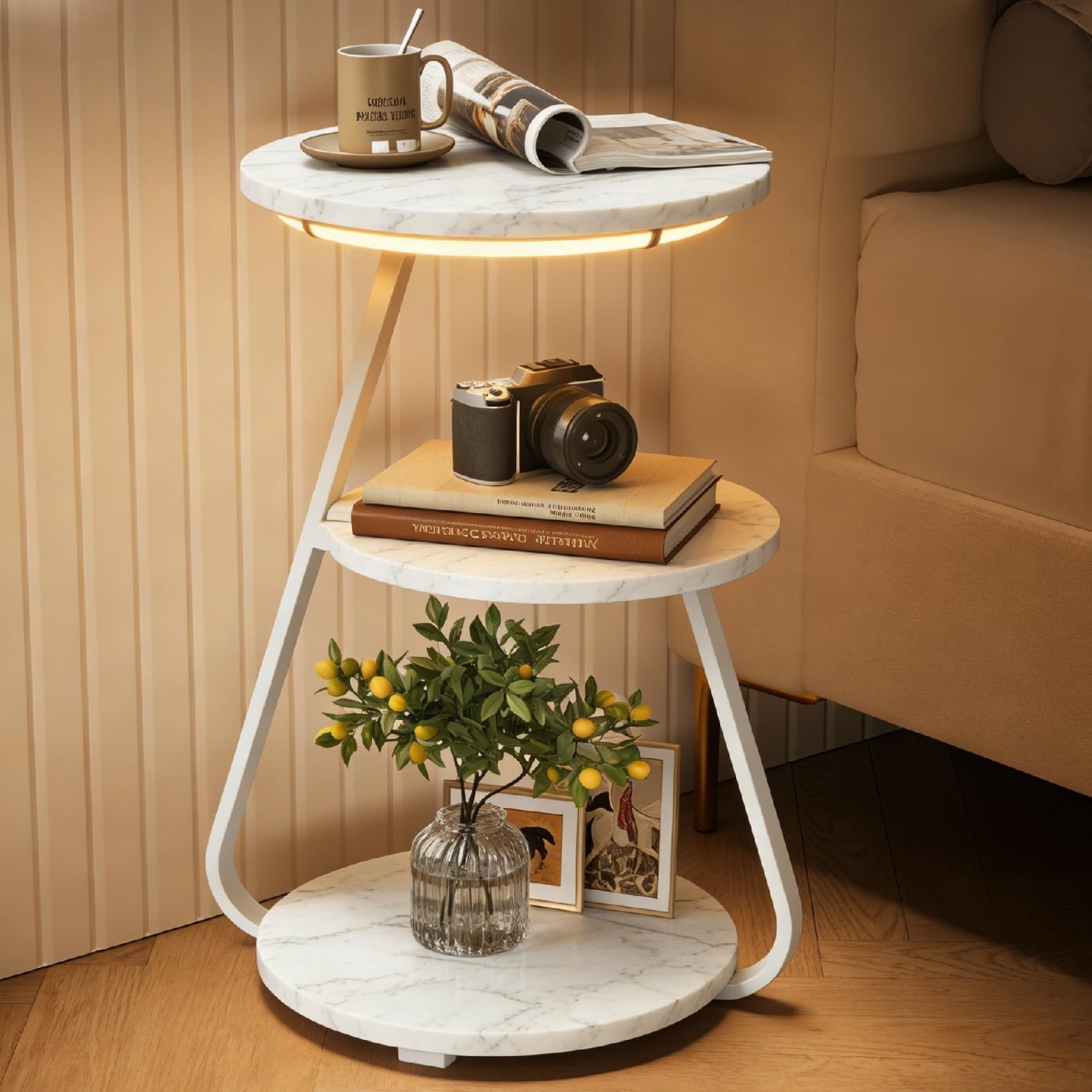 ARTETHYS Side Table, Small Round Coffee Table with 3 Color LED Lights, End Table with 3 Tier Storage Shelves, Bedside Sofa Side Tables for Living Room Bedroom, Rustic Brown