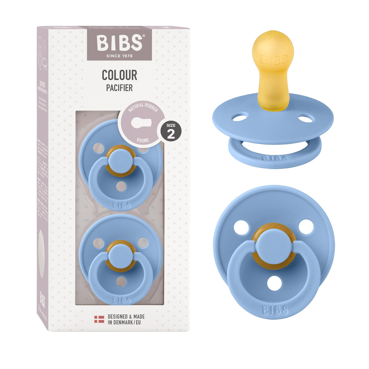 BIBS Colour Soother 2-Pack, BPA Free Dummy Pacifier, Round Nipple. Natural Rubber Latex, Made in Denmark, Size 2 (6-18 Months), Baby Blue