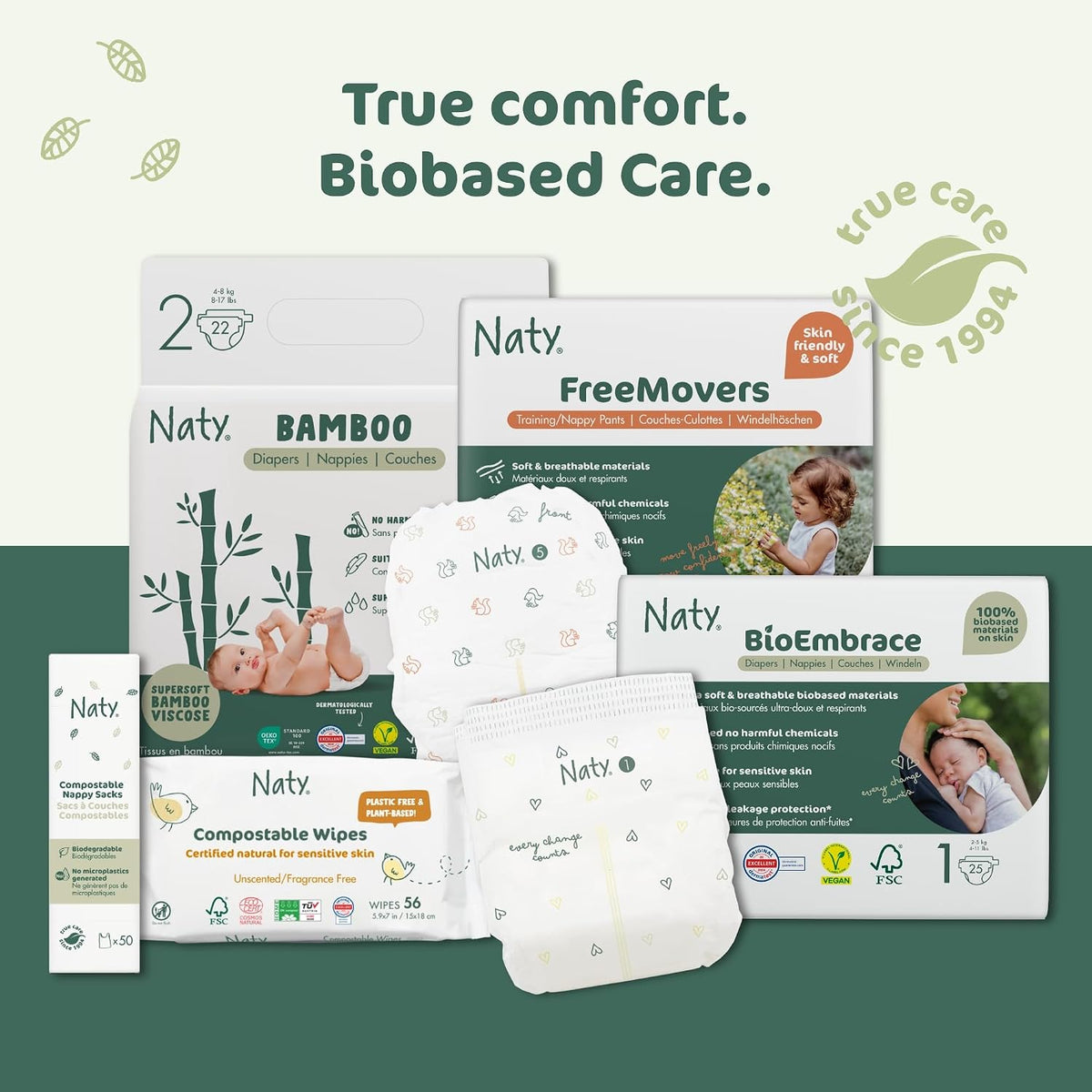 Naty compostable nappy bags with easy tie handles, 50 count