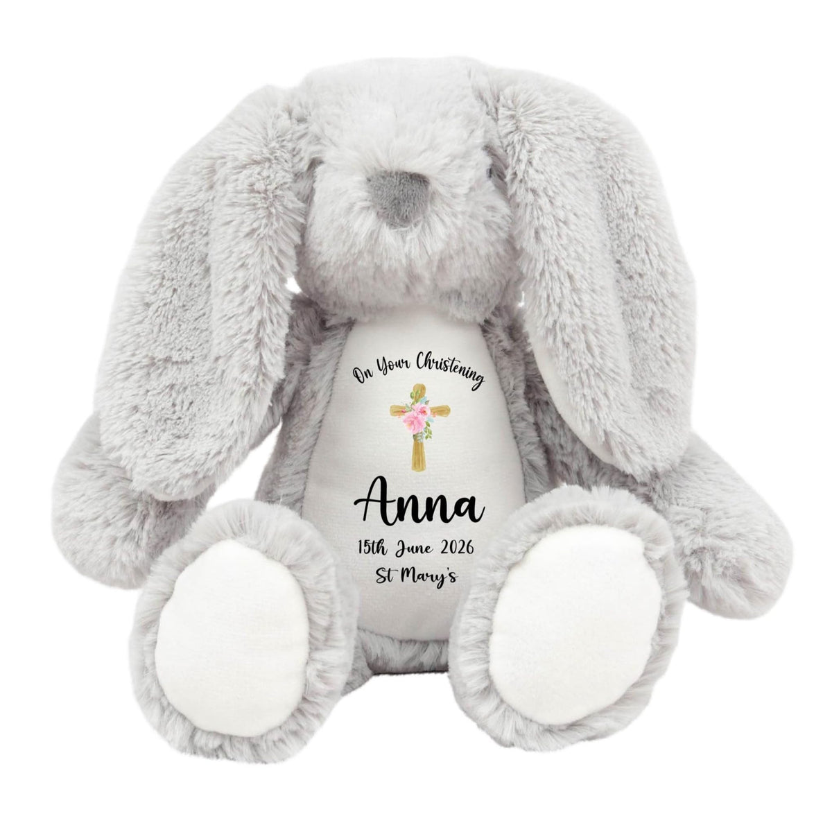 Crafted Memories - Personalised Bunny Rabbit | Custom Name & Date | Christening & Baptism Keepsake | Baby Girl & Boy | Soft Grey, White | Ideal 1st Birthday Present